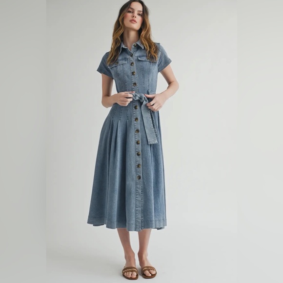 A293. Denim Button-Down Shirt Dress with Belted Waist - Picture 6 of 12